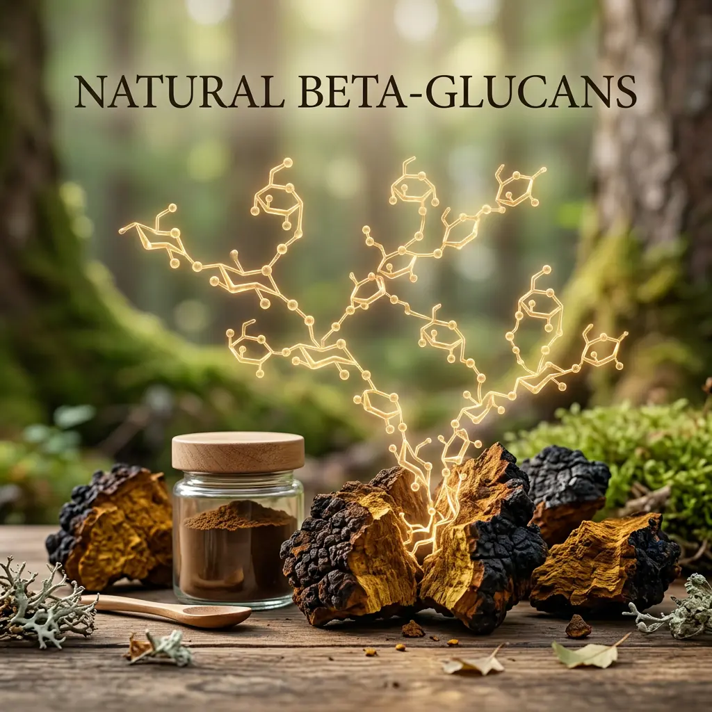 Natural beta-glucans in dried Chaga mushrooms with glowing molecular structure, Chaga powder jar, and rustic forest background.