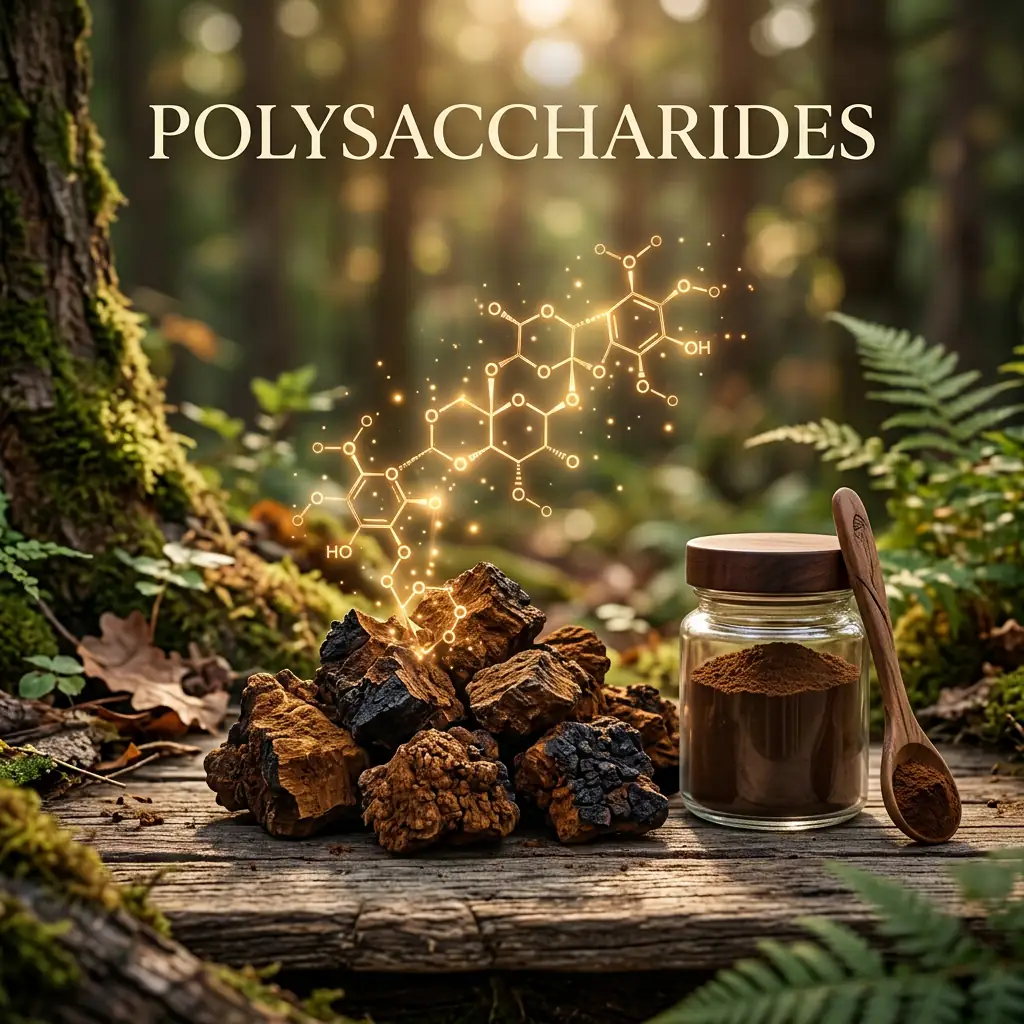 Polysaccharides in dried Chaga mushrooms shown with glowing molecular structure, Chaga powder jar, wooden spoon, and forest setting.