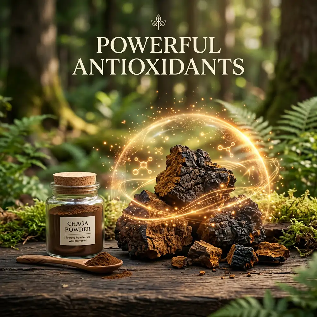 Powerful antioxidants in Chaga mushrooms shown with glowing protective energy, Chaga powder jar, and natural forest setting.